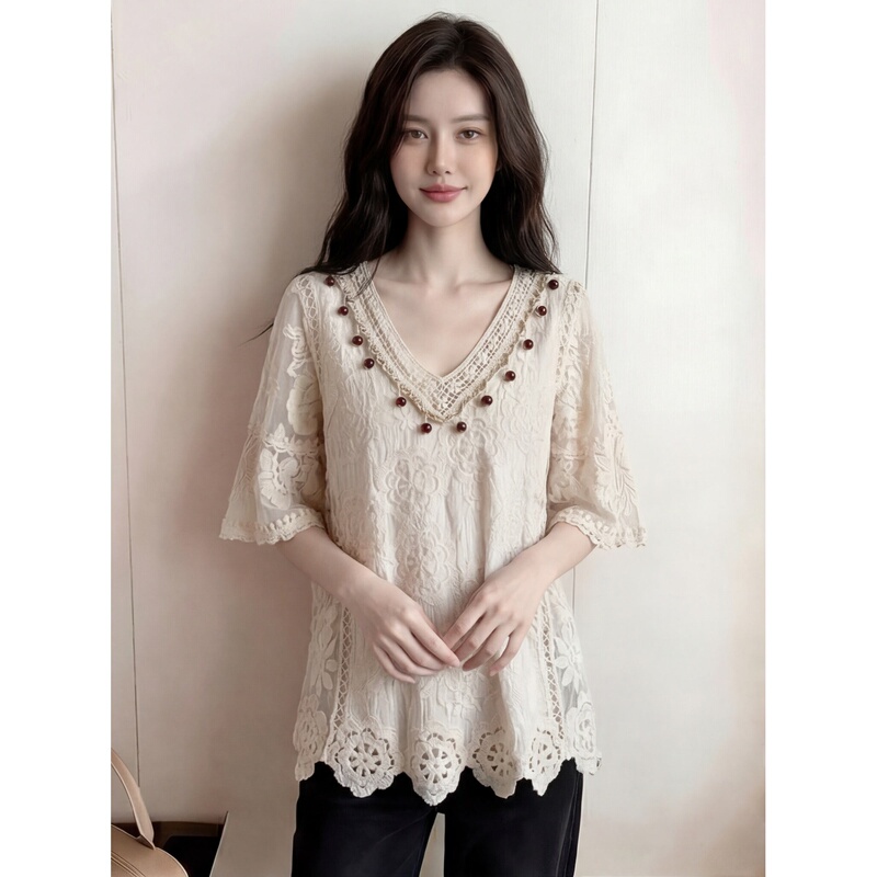 Bohemian Style Beaded Lace Hollow-Out Knit Pullover Loose Cover-Up Top for Women, Summer Thin Knitwear