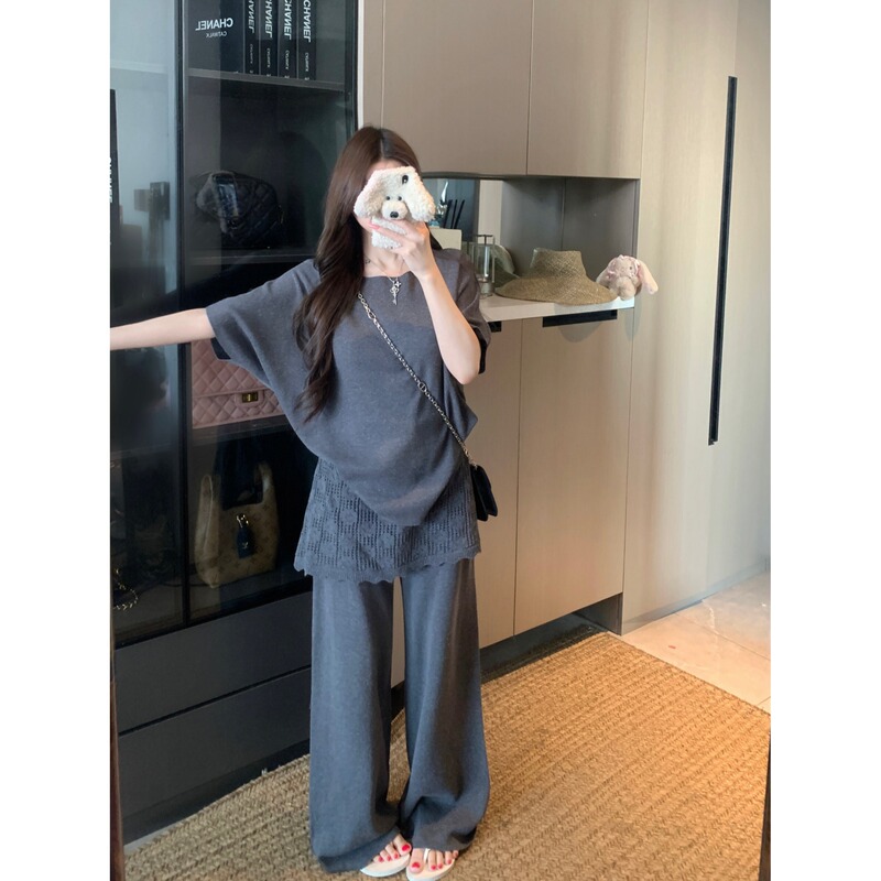 Korean-Style Knitted Top for Women, Summer Two-Piece Outfit, Complete Set with Crochet Trim and Patchwork Wide-Leg Pants, Casual Suit