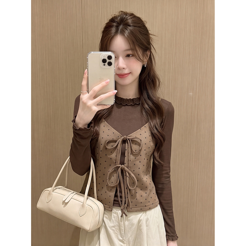 Polka Dot Tie-Neck Long-Sleeve T-Shirt for Women, Autumn Korean Style Design, Reversible Two-Piece Layered Top Polka Dot Tie-Neck Long-Sleeve T-Shirt for Women, Autumn Korean Style Design, Reversible Two-Piece Layered Top