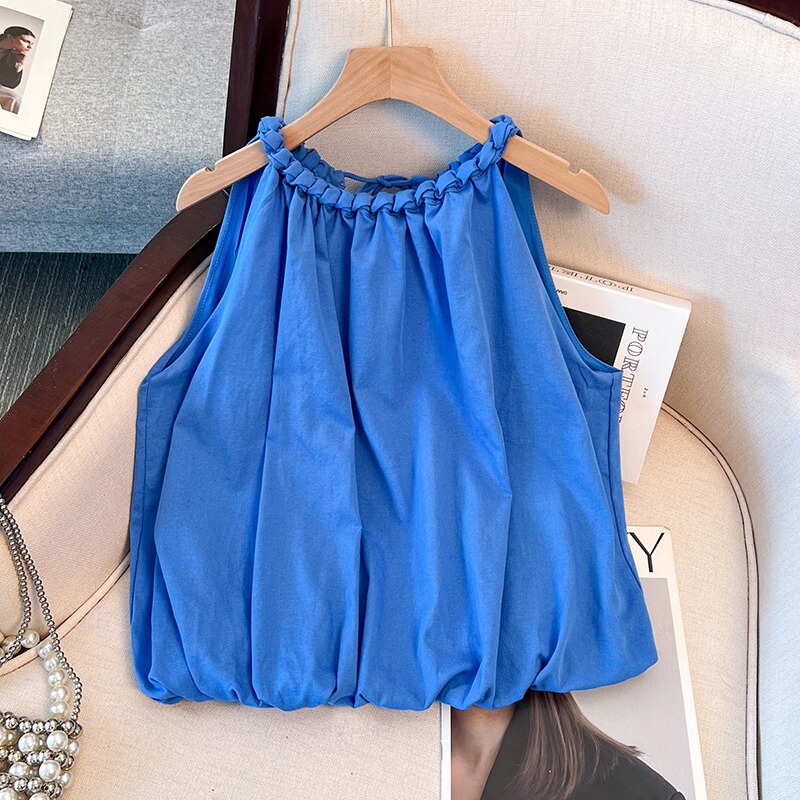 Blue Sleeveless Halter Top for Women, Summer Dopamine French Style Unique Floral Camisole, Slimming Blouse