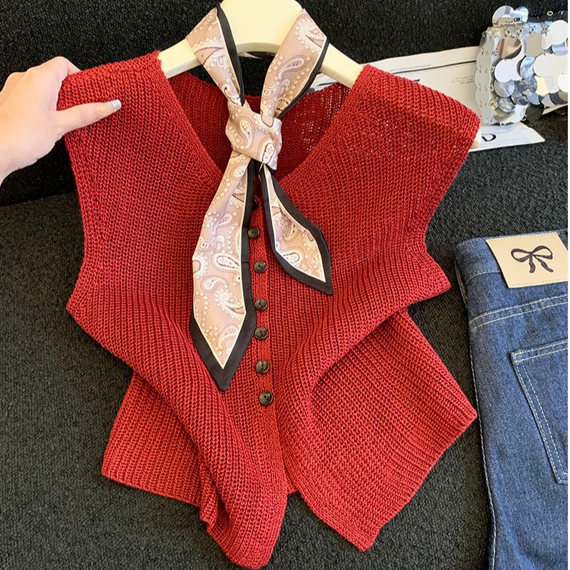 Ankora Red V-Neck Vest for Women 2026 Summer New Style Sleeveless Knitted Cardigan Top