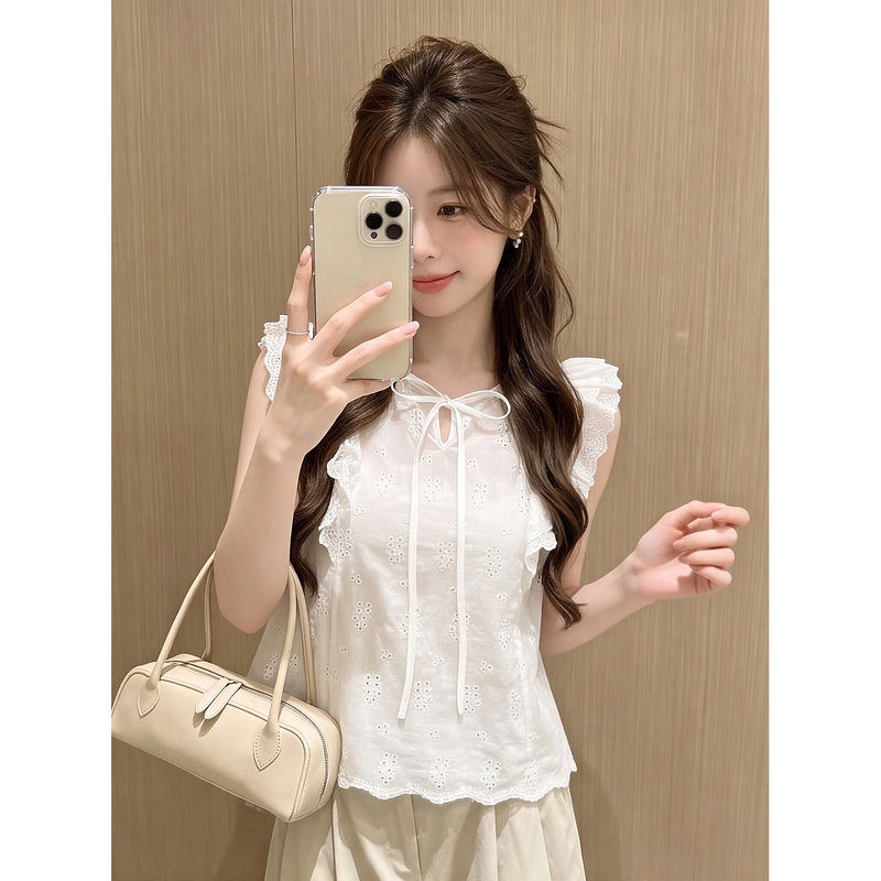 White Round-Neck Lace Ruffle Vest for Women, Autumn Korean Style Sweet Floral Lace-Up Sleeveless Top