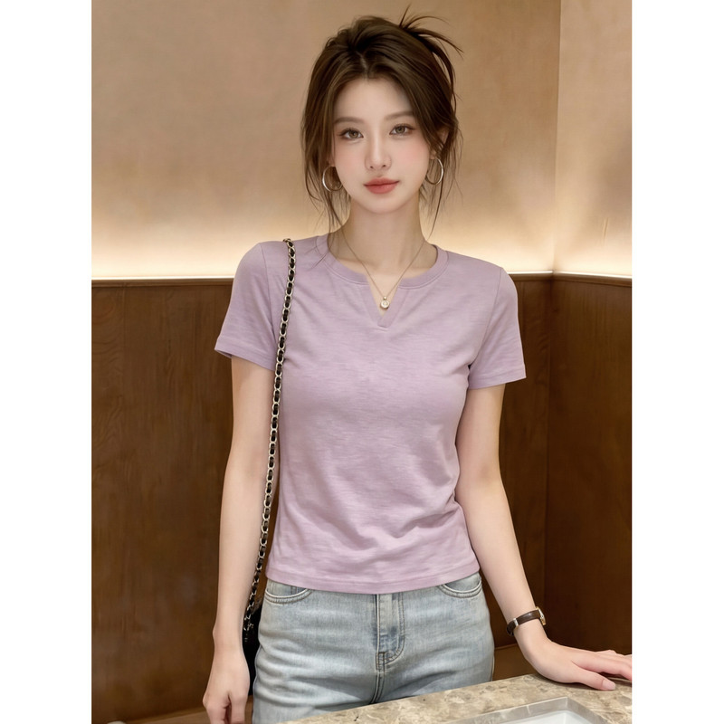 Purple Simple Textured V-Neck Short-Sleeve T-Shirt for Women, Summer 2026 New Fashion High-End Versatile Top