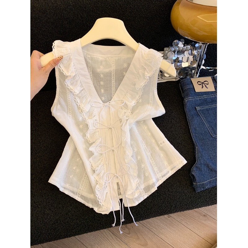 French-Style Ruffled V-Neck Heavy Lace Embroidery Blouse, Summer 2026 New Model, White Slim-Fit Outerwear Shirt for Women