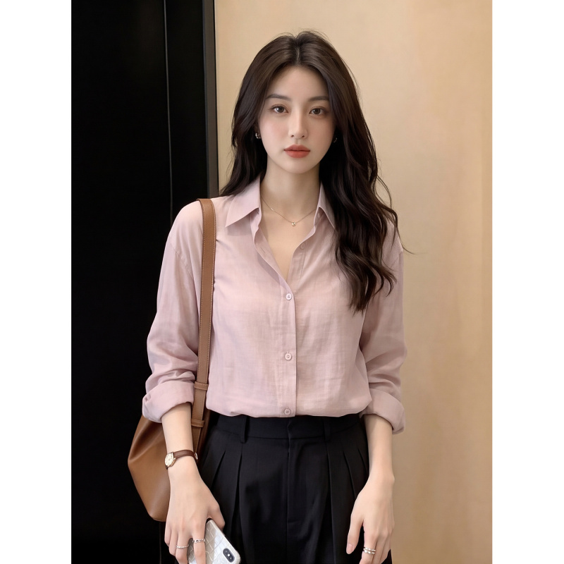 Pink Lapel Long-Sleeved Shirt for Women, Autumn Korean Style Work Clothing, Loose Casual Versatile Design, Women's Shirt Top