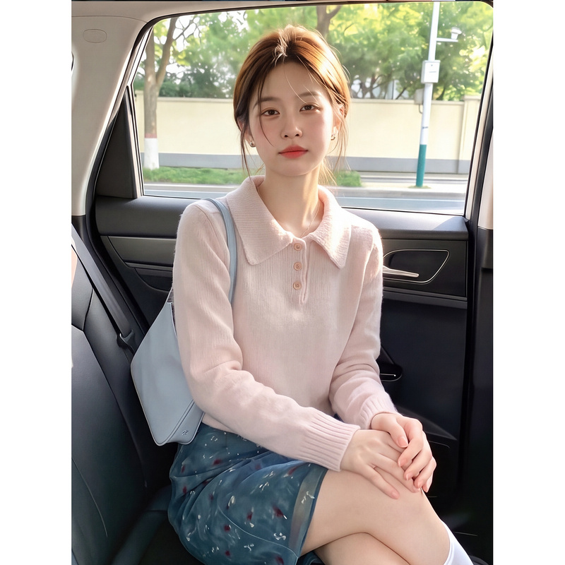 Pink Polo Collar Knit Sweater for Women, Autumn Soft and Cozy Lazy Style, Sweet and Age-Reducing, Loose and Slimming Pullover Sweater Top