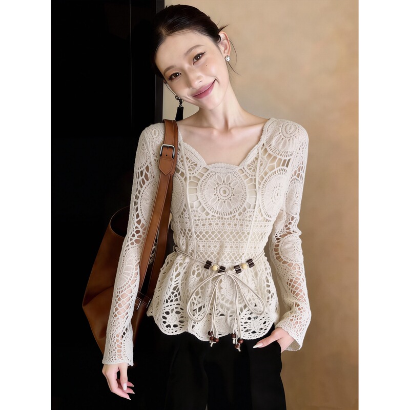 Bohemian Waist-Cinching Lace Hollow-Out Knit Top for Women, Summer Design Long-Sleeve Blouse with Belt