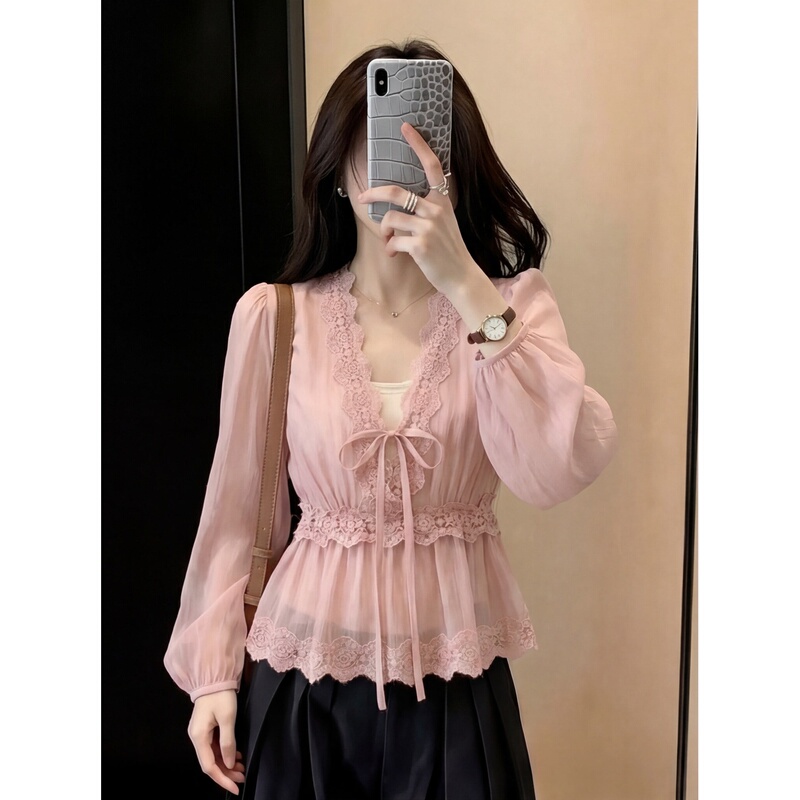 Pink Korean-Style Sweet Puff-Sleeve Lace V-Neck Shirt for Women, Summer 2026 New Model, Waist-Cinching Tie, Slimming Top