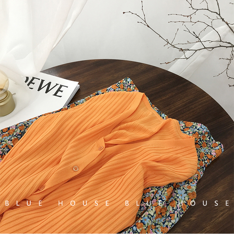 Milk Orange Cardigan, Summer Long-Sleeved Thin Ice Silk Knitted Cardigan for Women, Ribbed, Slimming, Solid Color, Versatile Outerwear, Air-Conditioning Shirt