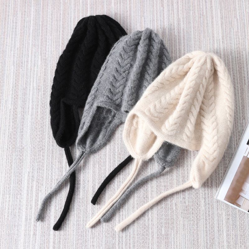Autumn Winter Women's Playful Skin Care Ear Cap Cashmere Casual Cute Hat Overhead Warm Anti-Chill Trend Hat Dome Fine Rope Cap