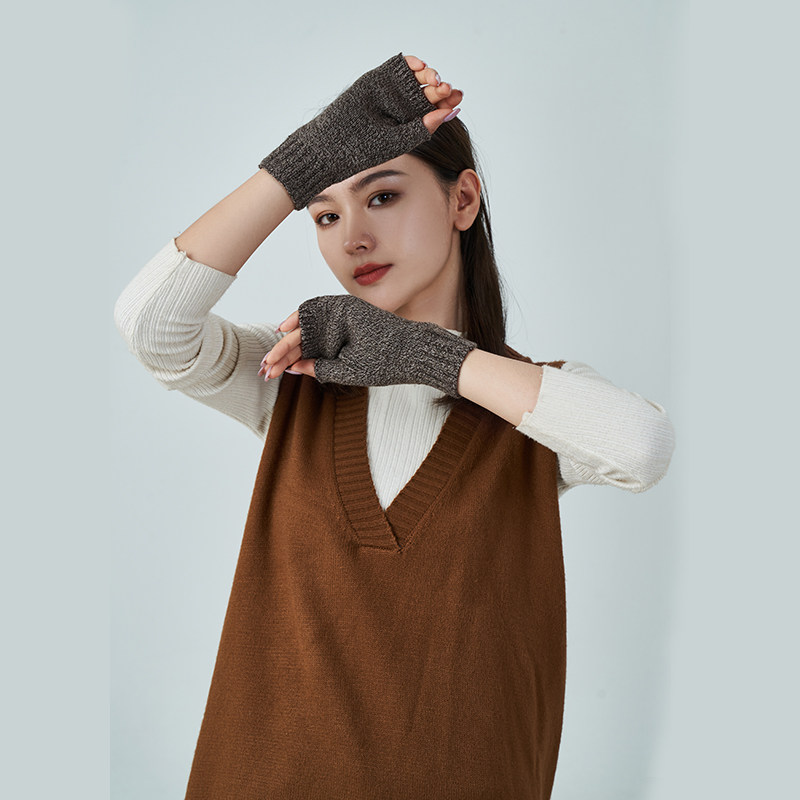 Cashmere gloves women's autumn and winter warm wrist drill wind exposed finger wool typing gloves thickened men's multi-functional wrist guard