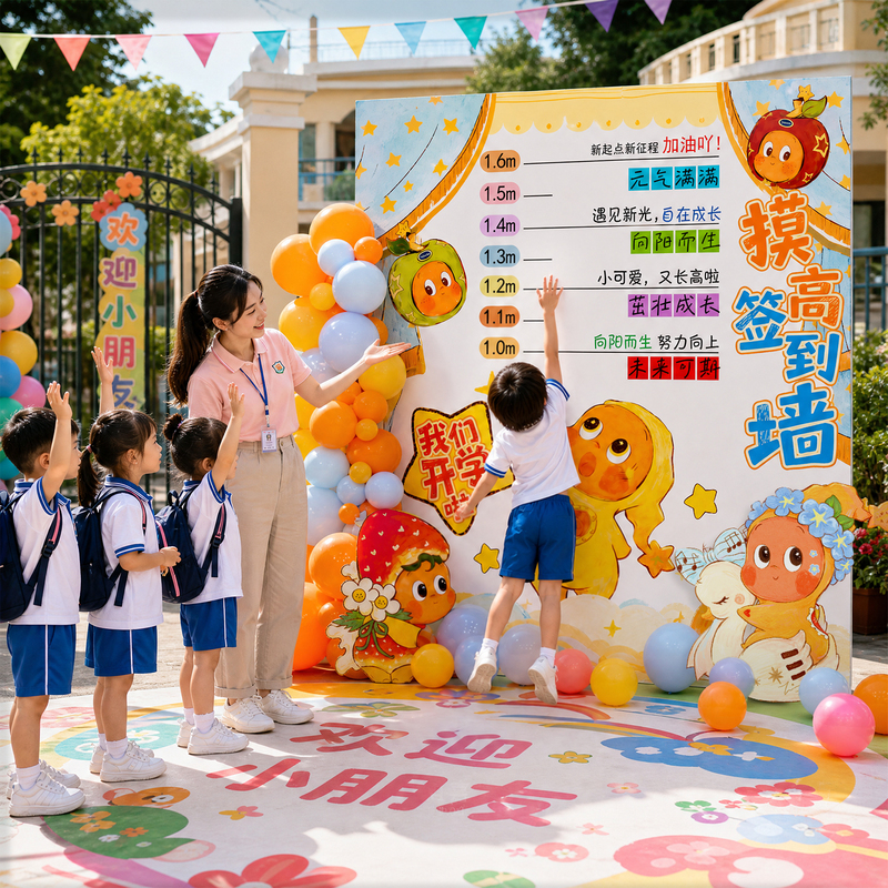 School Opening Scene Setup with a Ceremonial Atmosphere, Height-Measuring Sign-In Wall, Kindergarten and Elementary School Star-Themed Backdrop, Kt Display Board