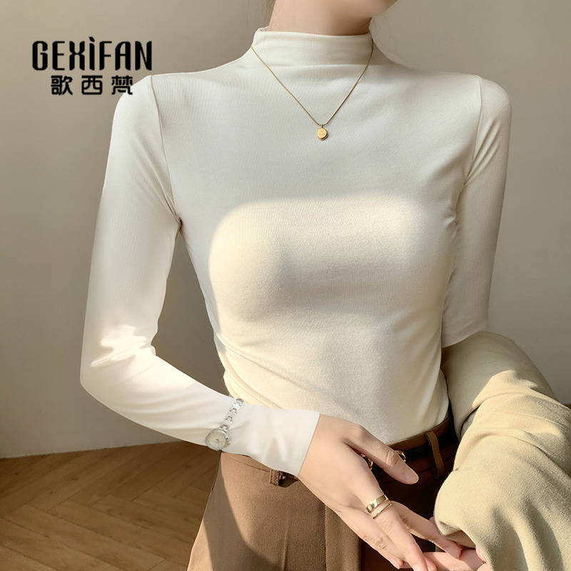 Half-height collar bottom-shirt woman long sleeve 2023 autumn winter new body Modale t-shirt tight with fur inner lap blouses-Taobao