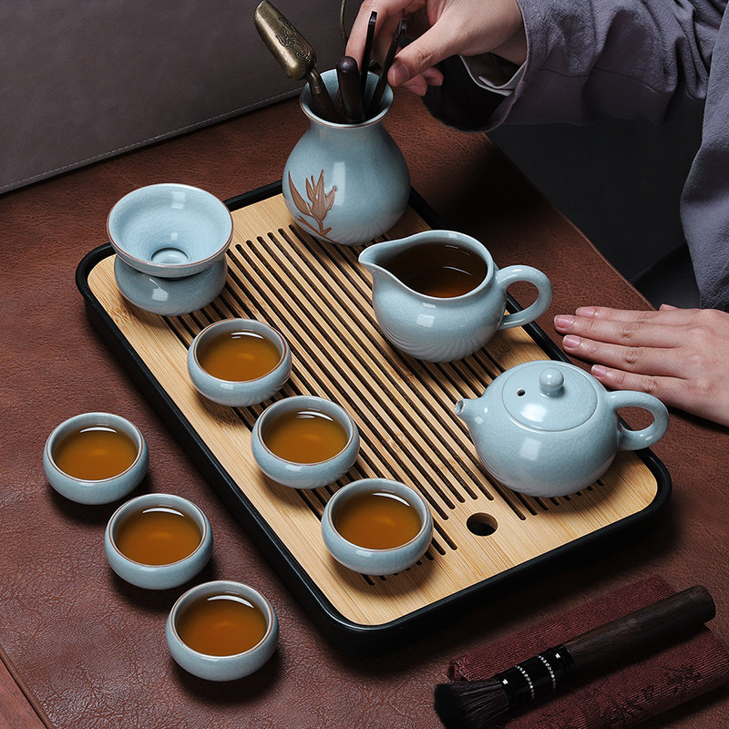 Ru kiln tea set set household light luxury modern Chinese tea cup Kung Fu tea teapot small set gift box ceramic cover bowl