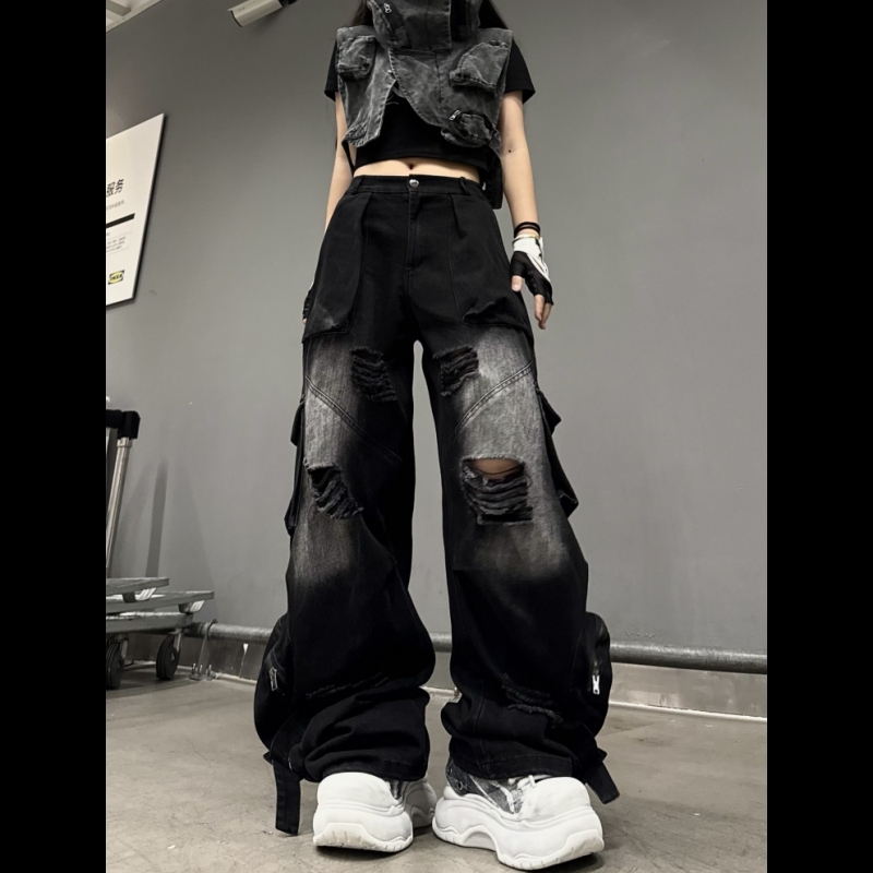 Original Black Heavy-Duty Washed Ripped Jeans, New Wide-Leg Punk Hip-Hop Workwear with Frayed Edges and Multiple Pockets