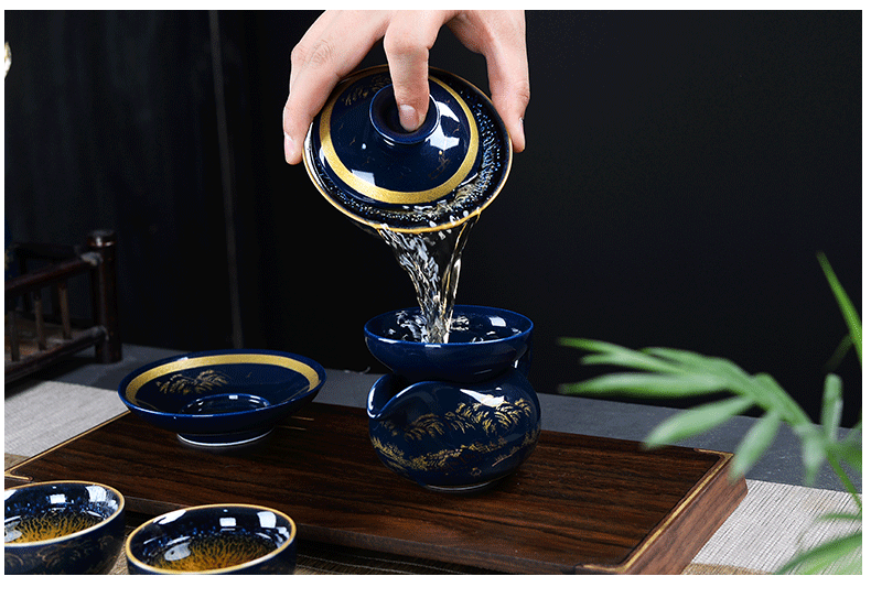 The flute blue mist kung fu tea set office ceramic household cup teapot tea wash GaiWanCha sea restoring ancient ways