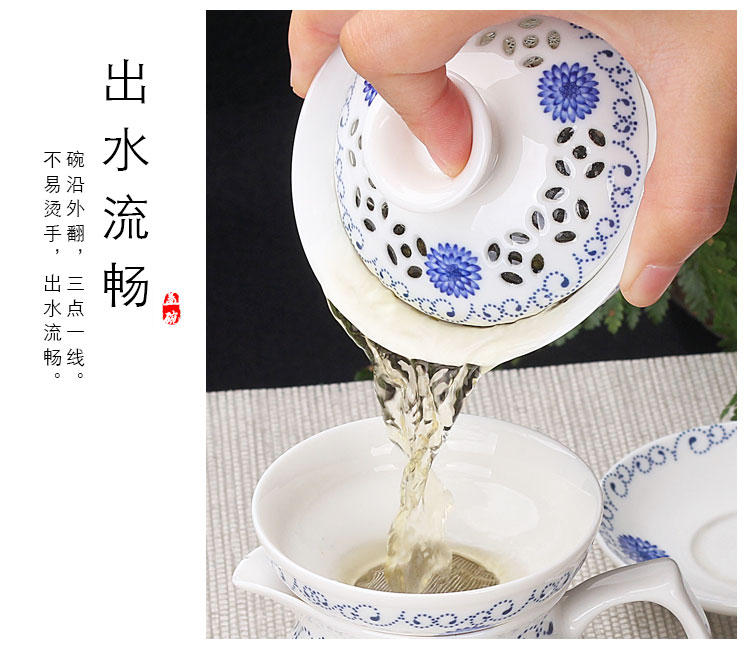 The flute tureen to use large single three cups to make tea, white porcelain kung fu tea set jingdezhen violet arenaceous celadon