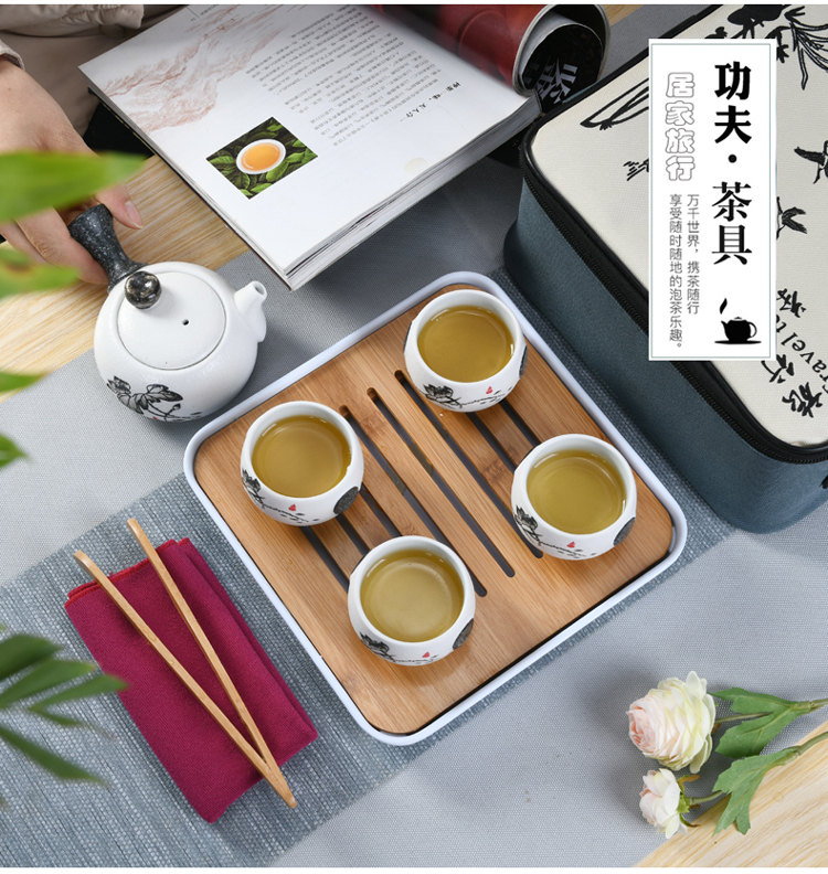 Travel the flute ceramic tea set suit portable package household contracted Japanese office teapot is suing tea tray cups