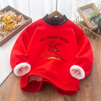 Childrens fleece sweater 2022 New Years Christmas red top middle-aged and old childrens casual foreign style festive bottoming shirt high collar