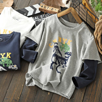 Boy Long Sleeve Cotton T-shirt 2021 Spring and Autumn Dadu Dinosaur Fake Two Round Neck Cartoon base shirt Children