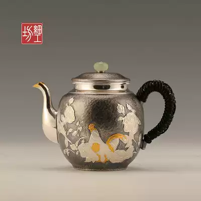 Fine workshop Japanese silver pot Sterling Silver 999 handmade Kung Fu tea pot Tea pot Jade button middot rooster urgent whisker