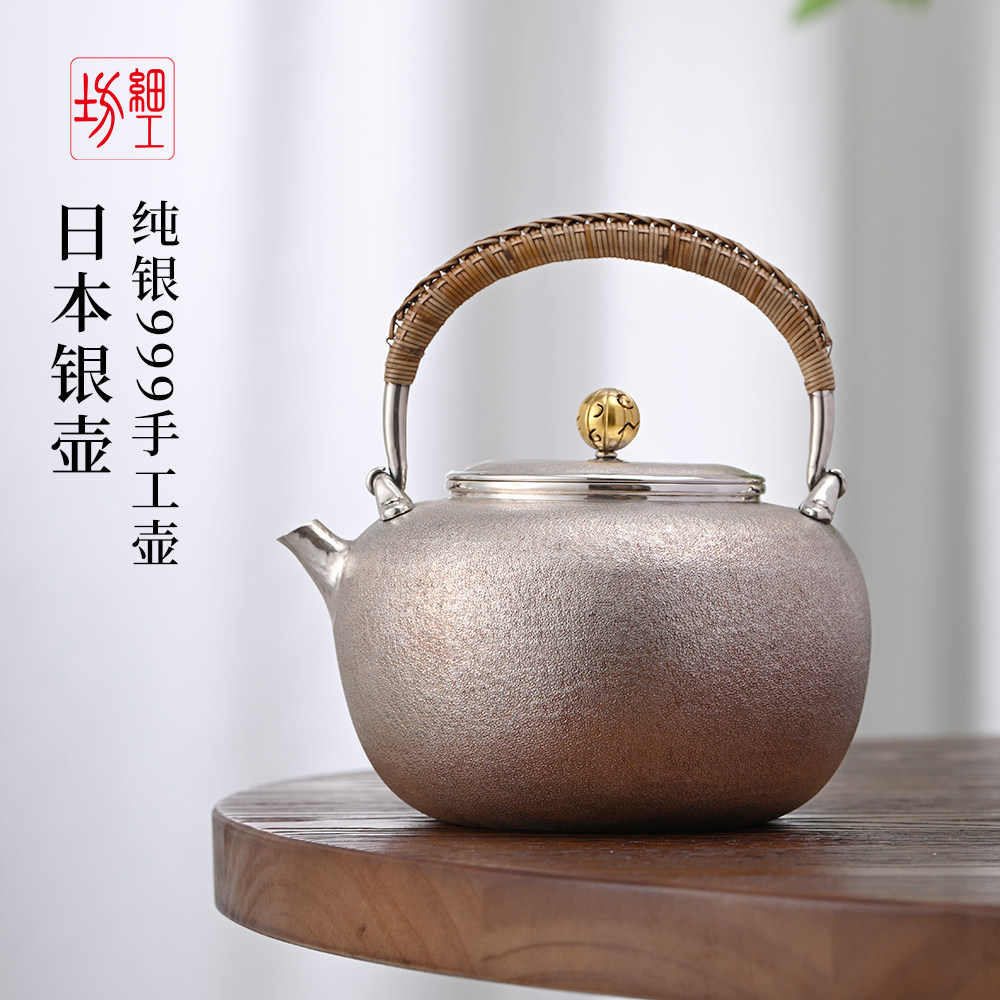 純銀9999手工銀壺日本進口銀燒水壺一張打銀茶壺日式仿古銀茶具-Taobao