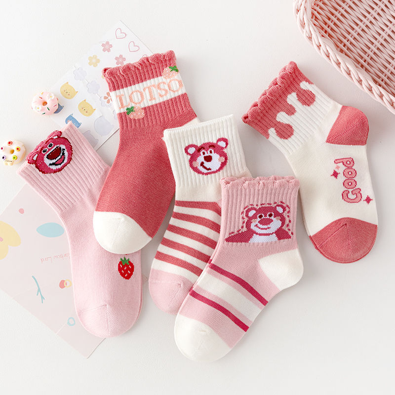 Girls' Socks, Autumn and Winter Style, Mid-Calf Socks, Pink Strawberry Bear, Small, Medium, and Large Children's Socks, Breathable and Sweat-Absorbent, for Autumn
