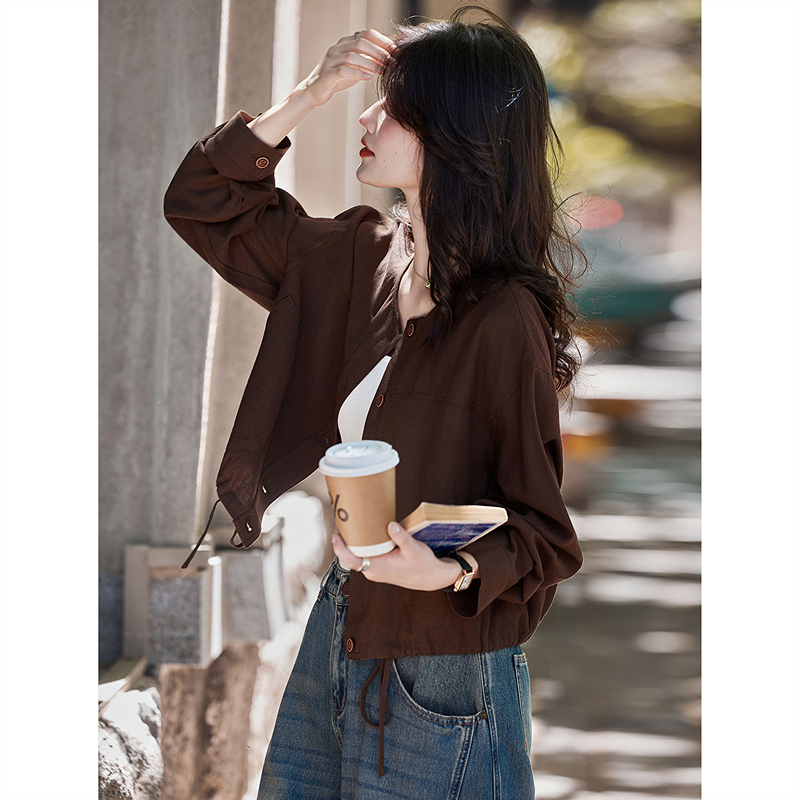 Linen Blend Autumn Versatile Korean Style Simple Casual Slimming Short Jacket for Petite Figures