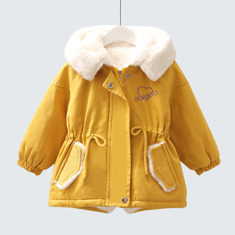 Girl Autumn Winter Coat 2021 New Foreign Pie Children Plus Suede Thickened to overcome the children's baby medium long version of cotton clothes