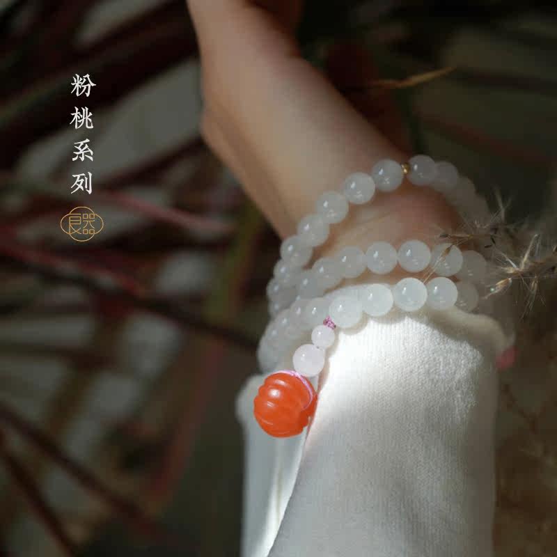 The Lianginstrumental Art Pink Peach Series and Tian Yuhand Refine White Jade Multi-Circle Handstring Women's Hand Accessories
