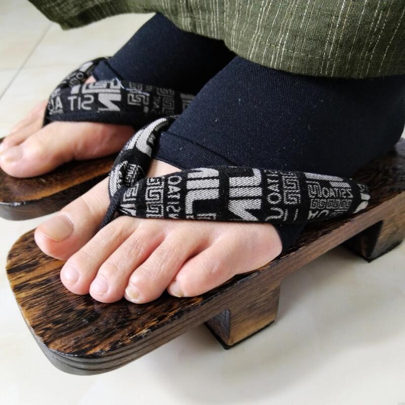 Japanese Gentleman's Two-Toe Wooden Clogs, Men's Wooden Clogs, Burnt Paulownia Sandals, Blue Pig Nose Wooden Sole