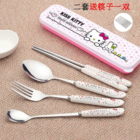 Посуда для кормления, мультяшный комплект для школьников, портативные палочки для еды из нержавеющей стали, ложка, 3 предмета