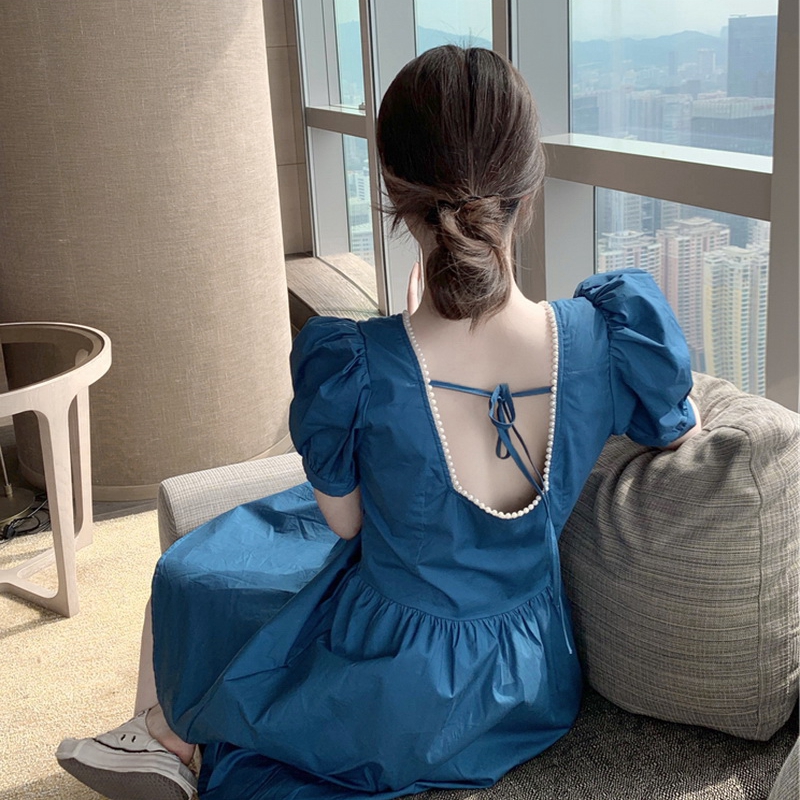 The Temperament sister Goddess Fan light cooked wind Balloon Flower Law Style Caution Machine Square Collar Reveal Back Sexy and Sexy Dress Sub Summer