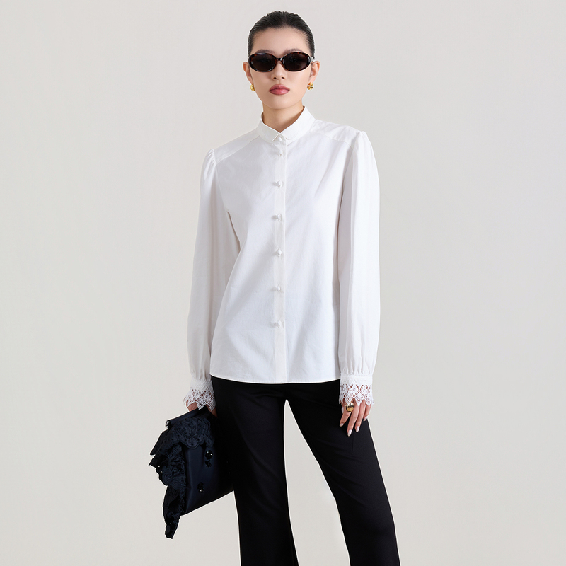 【Soft Gauze Polyphony】Office Gentle Style French Lapel Lace Floral Cuff Design Long Sleeve Shirt for Women