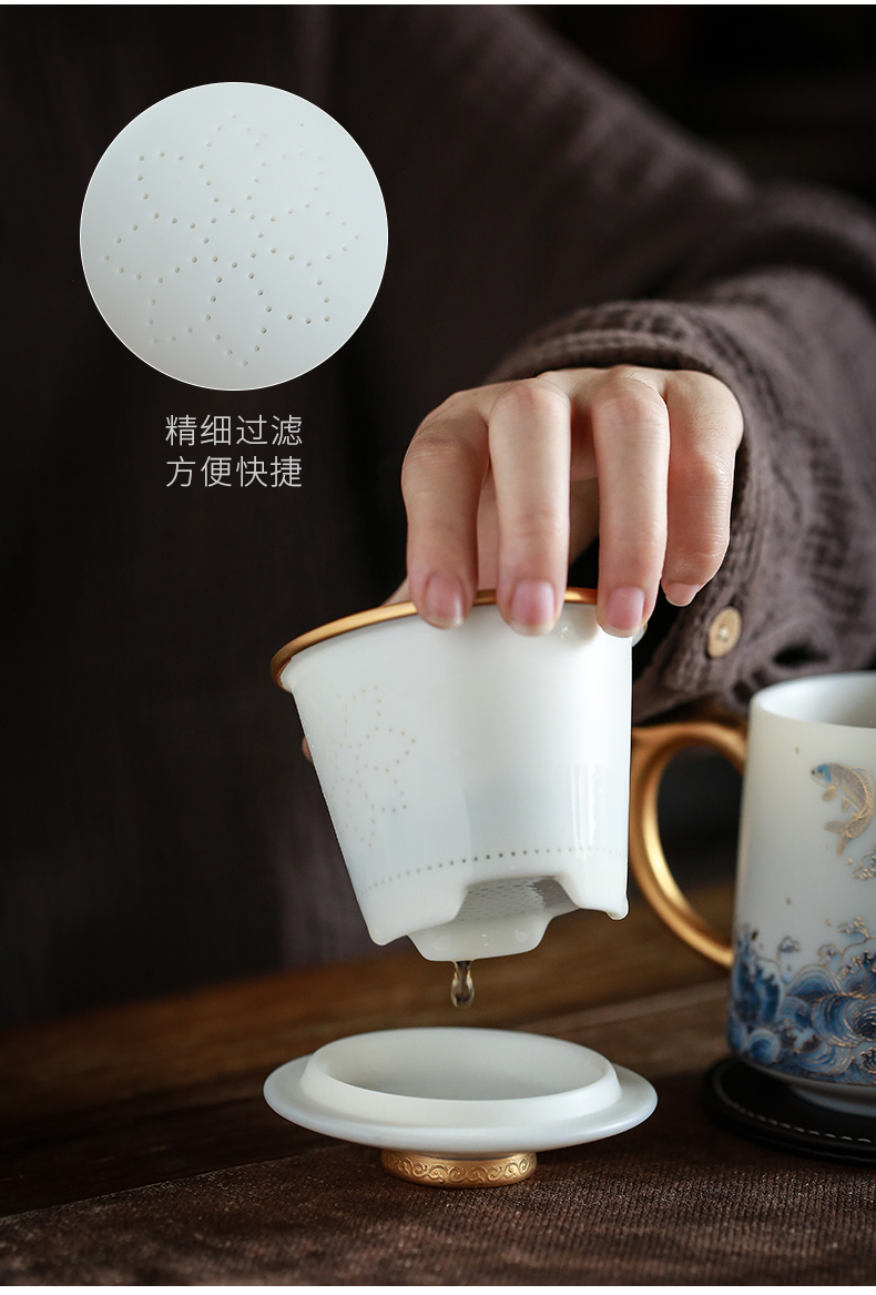 By dehua white porcelain cup By hand the see colour separation ceramic tea office cup with cover filter tea cup