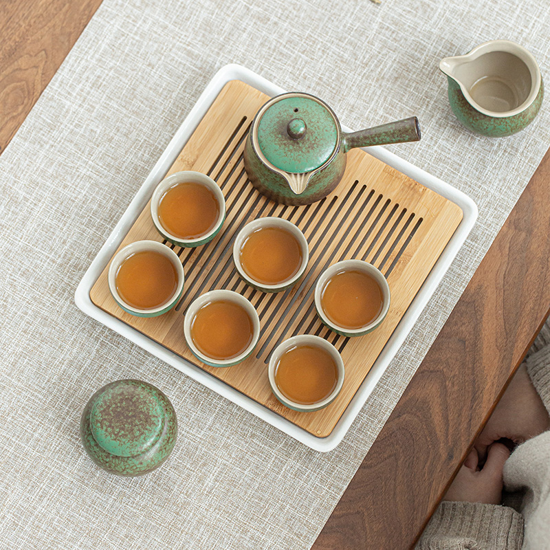 By grass green tea kungfu tea set suit household Japanese zen contracted ceramic cups tea tray gifts