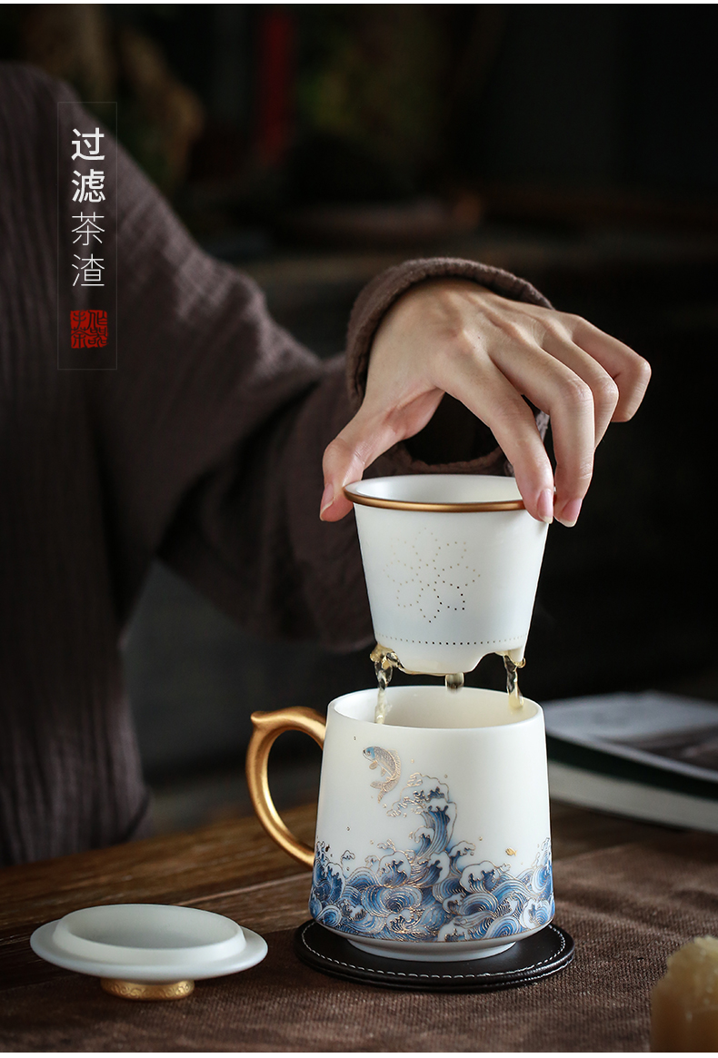 By dehua white porcelain cup By hand the see colour separation ceramic tea office cup with cover filter tea cup