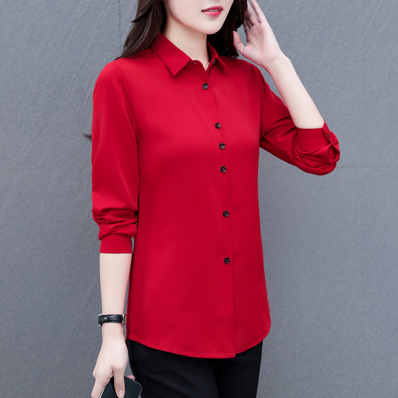 Red Chiffon Blouse for Women, Long-Sleeved, 2026 Spring New Style, Elegant Base Layer, Plus Size Top, Versatile, Slimming Half-Sleeve Shirt
