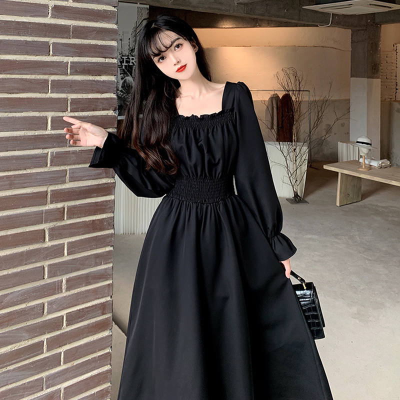 Plus-Size Black Top for Women, Spring and Autumn Vintage Puff Sleeve Square Neck Dress, Waist-Cinching Slimming Hepburn Long Dress for Chubby Girls