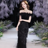 Черное элегантное элитное вечернее платье, изысканный стиль, рыбий хвост, открытые плечи