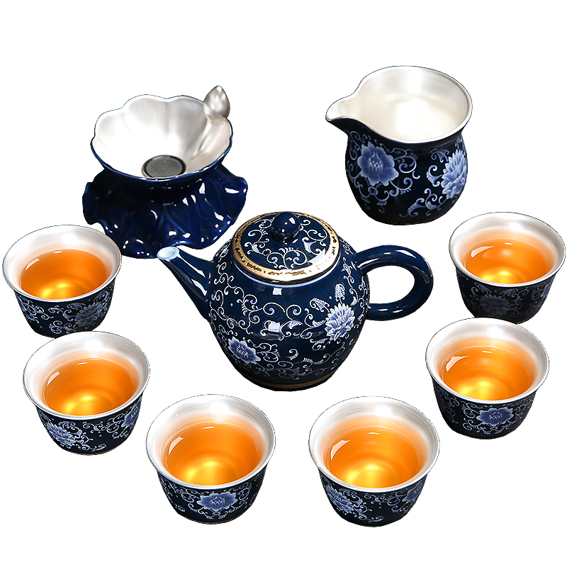 Tasted silver gilding of a complete set of blue and white porcelain teapot kung fu tea set household contracted manual modern tea ware ceramic teapot