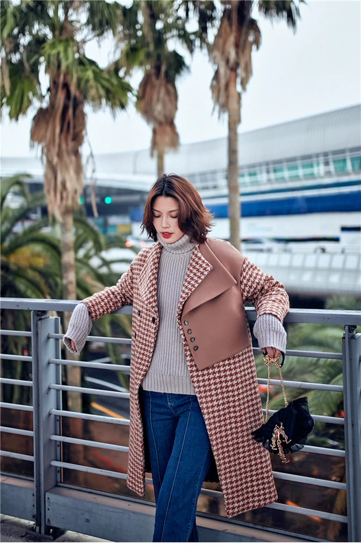 Áo khoác kẻ sọc retro houndstooth nguyên bản, tay áo raglan dài, khâu cổ áo hai lớp, áo khoác len tương phản - Áo len lót đôi