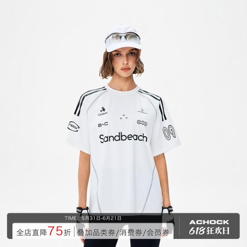 Achock Sports Outdoor Sports Double-Layer Line Letter Design Short-Sleeved Top 26 Summer New Round Neck T-Shirt