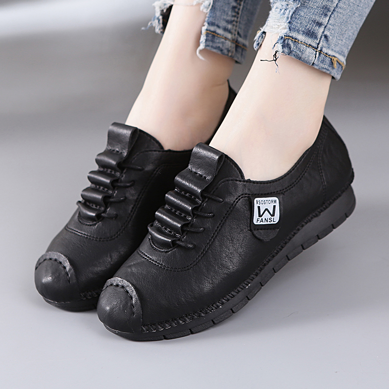 2020 spring and autumn new velvet cotton shoes soft bottom single shoes women's flat round toe non-slip lace-up casual shoes mother leather shoes