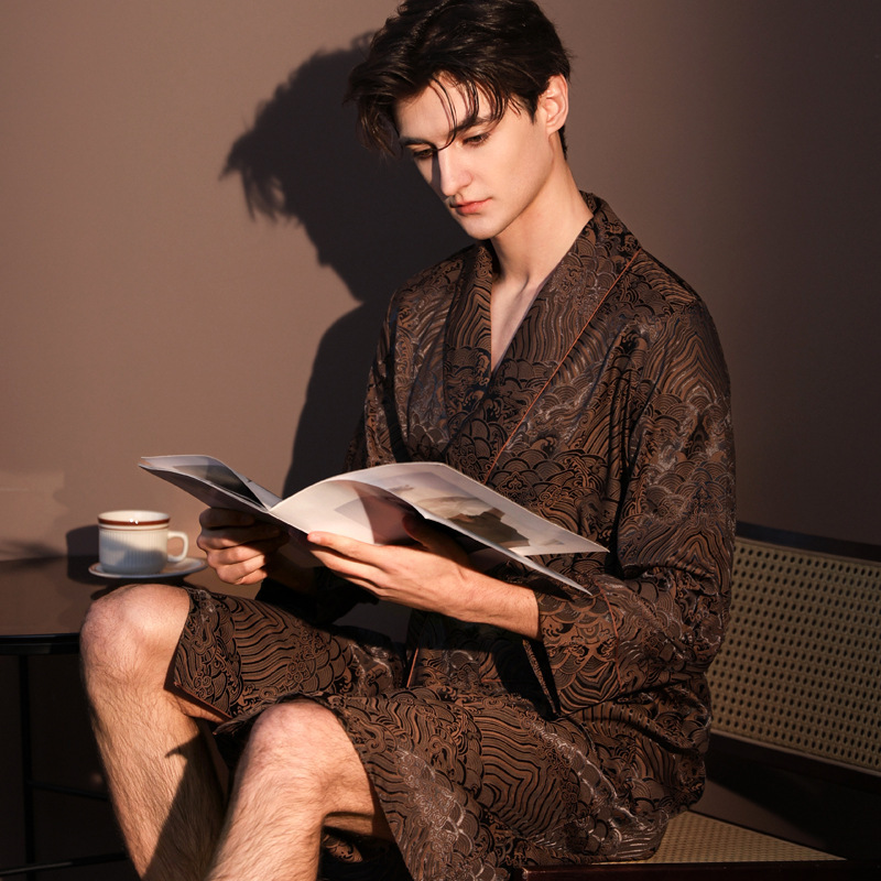 High-End Ice Silk Satin Nightgown for Men, Summer Palace-Style National Style Printed Lace-Up Mid-Length Thin Bathrobe Morning Robe