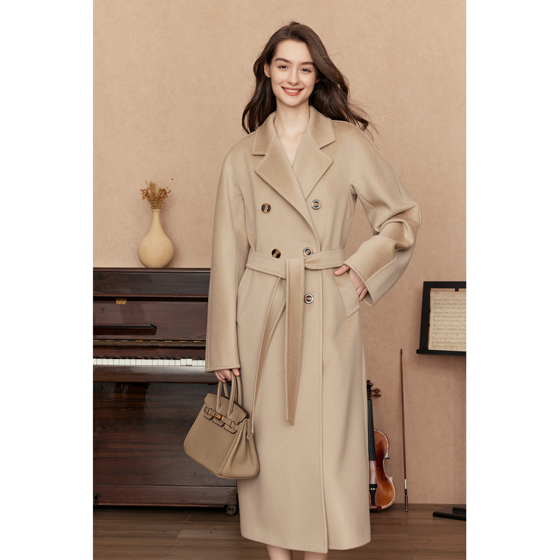 Riz!101801 High-End Long Coat for Women, Double-Sided Beige, Petite Size, Cashmere Woolen Coat, Thickened for Winter