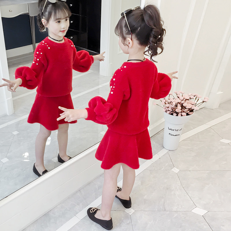 Girl Suit Autumn Winter 2021 New Foreign Pie Girl Dress Han Edition Autumn Clothing Children Suit Trendy Ferret Floss Clothes
