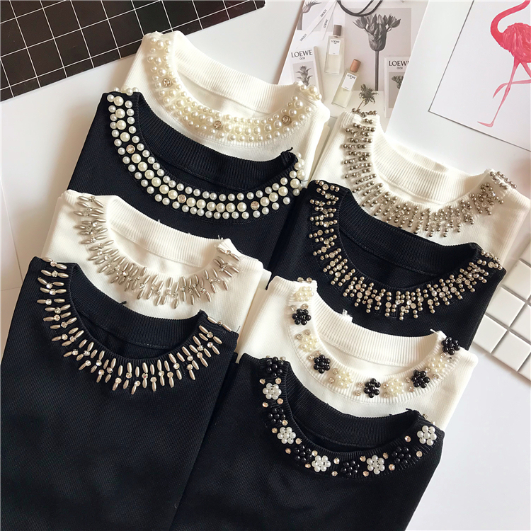 Half-High Round Neck Heavy-Duty Ice Silk Vest for Women, Spring and Summer Elegant Knit Top, Outerwear with Beading, Thin Sleeveless Base Shirt