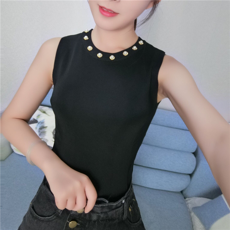 Ngọt ngào đính cườm kim cương tròn cổ băng lụa đan dây đeo Nữ mùa hè mỏng không tay chạm đáy áo ngắn đoạn váy đầm đẹp
