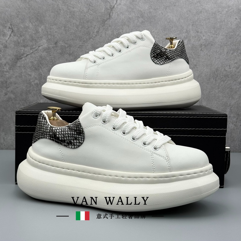 Van Wally Men's White Sneakers with a High-End Feel, Autumn Thick-Soled Height-Increasing Men's Sneakers, White Sports Casual Men's Shoes